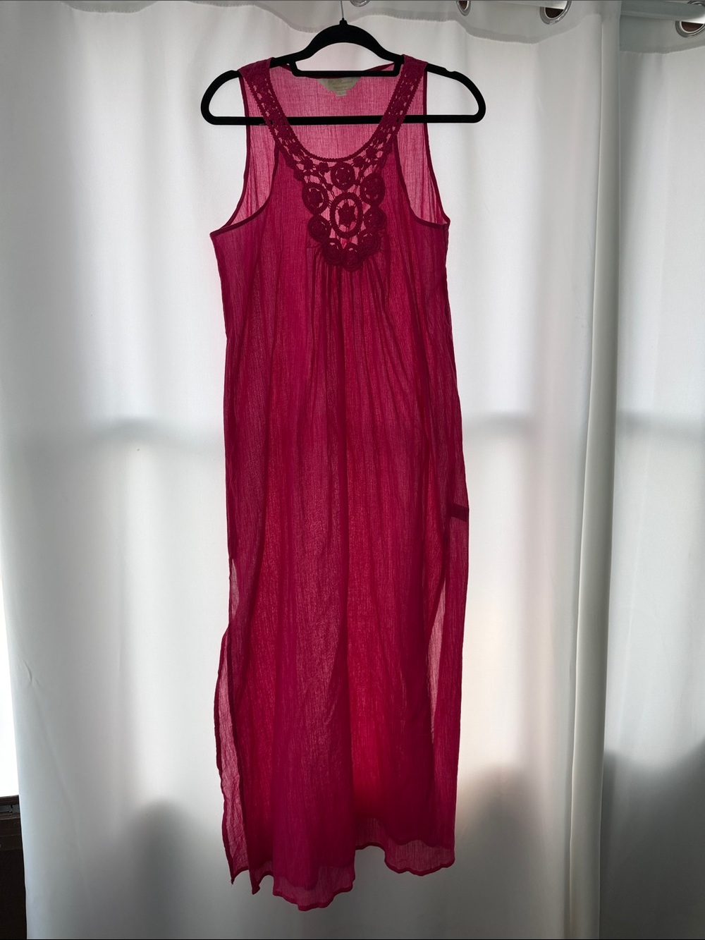 Sheer Crochet Yoke Maxi Dress in Fuchsia Pink